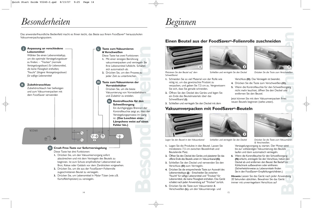 FoodSaver V2240-I quick start Besonderheiten 