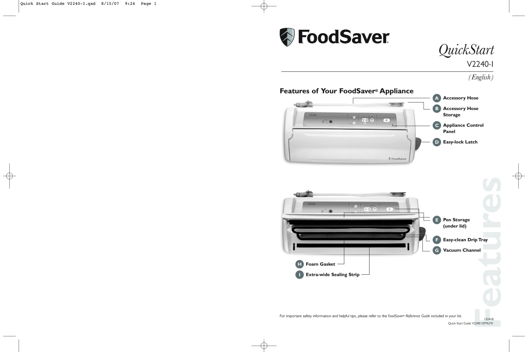 FoodSaver V2240-I quick start QuickStart, English, Features of Your FoodSaver Appliance 