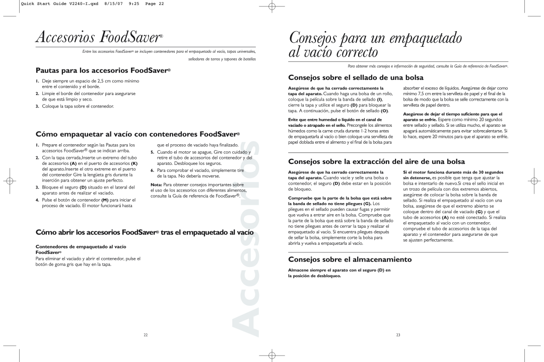 FoodSaver V2240-I quick start Accesorios FoodSaver, Pautas para los accesorios FoodSaver, Consejos sobre el almacenamiento 