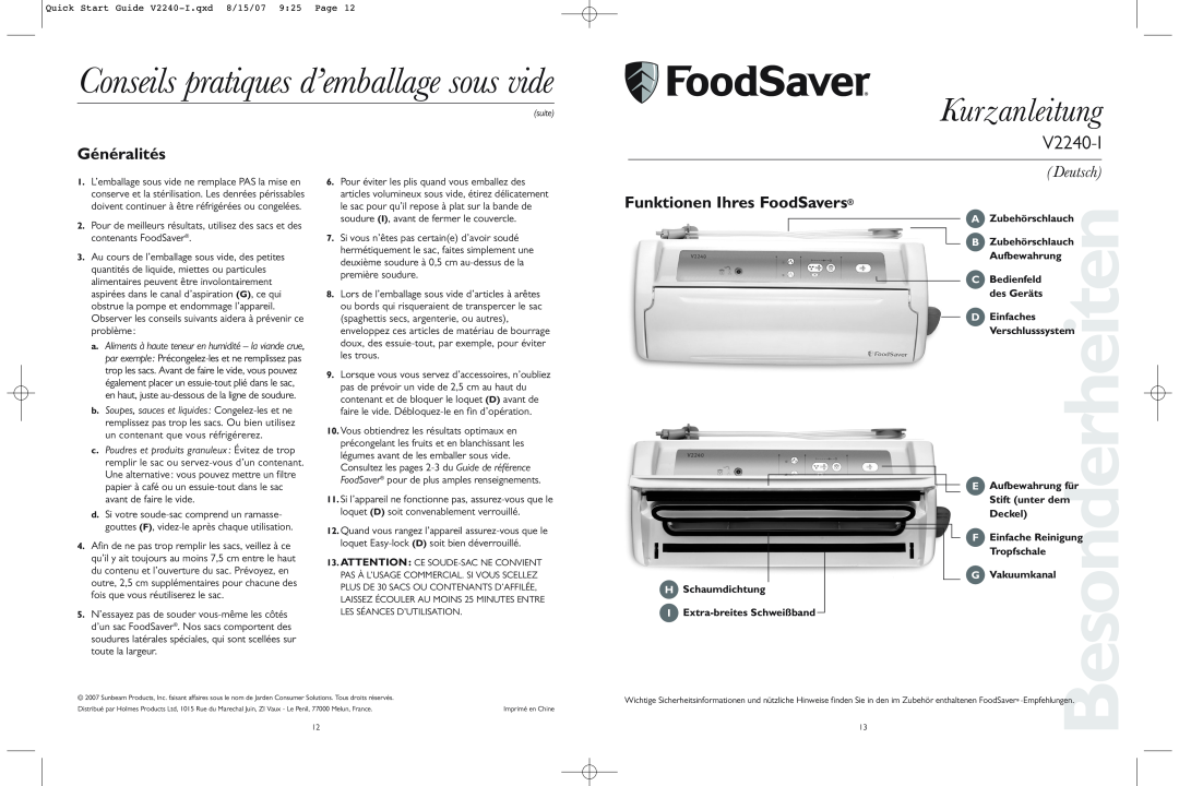 FoodSaver V2240-I quick start Conseils pratiques d’emballage sous vide, Kurzanleitung, Généralités, Deutsch 