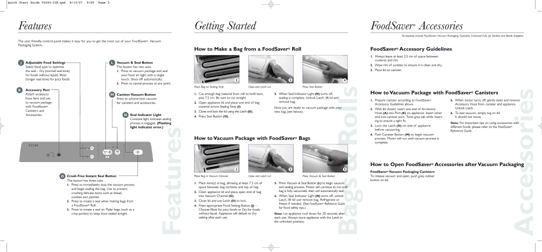 FoodSaver V2240-IUK quick start Features, Getting Started, FoodSaver Accessories 