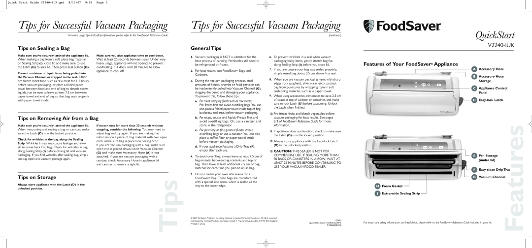 FoodSaver V2240-IUK quick start Tips for Successful Vacuum Packaging, Tips on Sealing a Bag, General Tips, Tips on Storage 