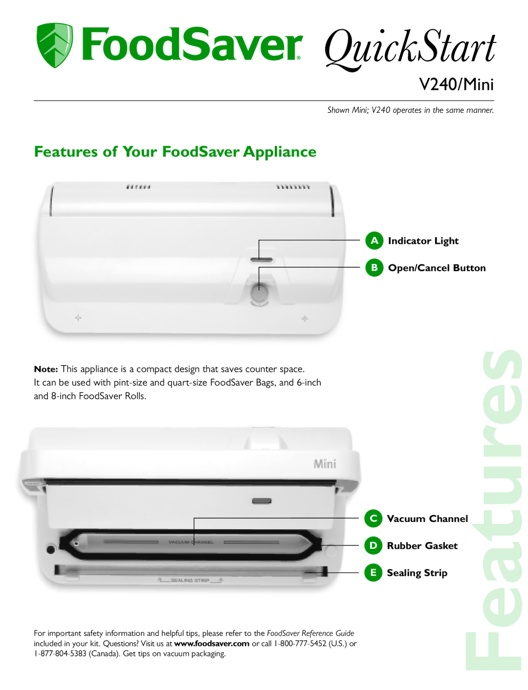 FoodSaver V240 quick start QuickStart, Features of Your FoodSaver Appliance 