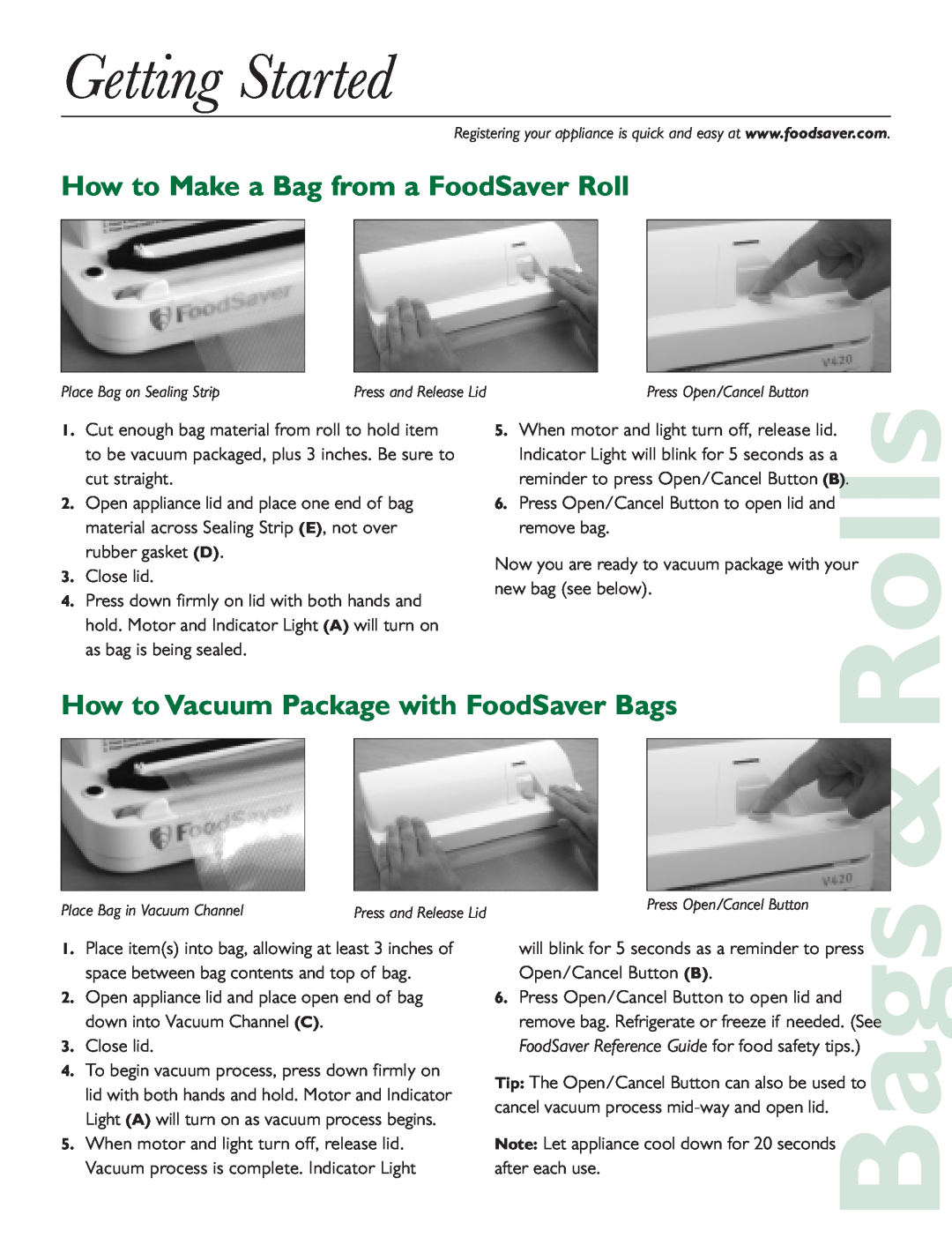 FoodSaver V240 quick start How to Make a Bag from a FoodSaver Roll, Rolls, Getting Started 