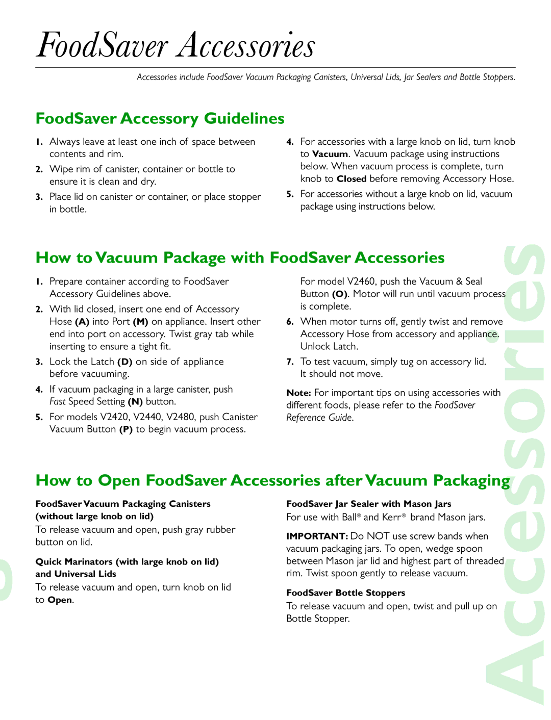 FoodSaver V2420, V2460, V2440, V2480 quick start How to Vacuum Package with FoodSaver Accessories 