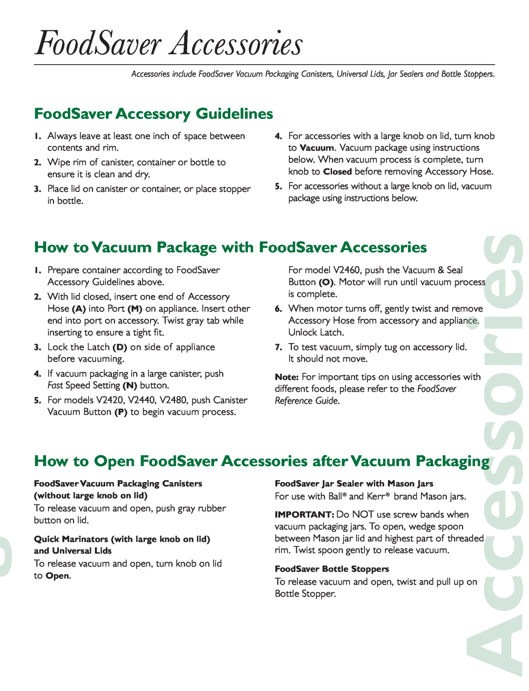 FoodSaver V2420, V2460, V2440, V2480 quick start How to Vacuum Package with FoodSaver Accessories 