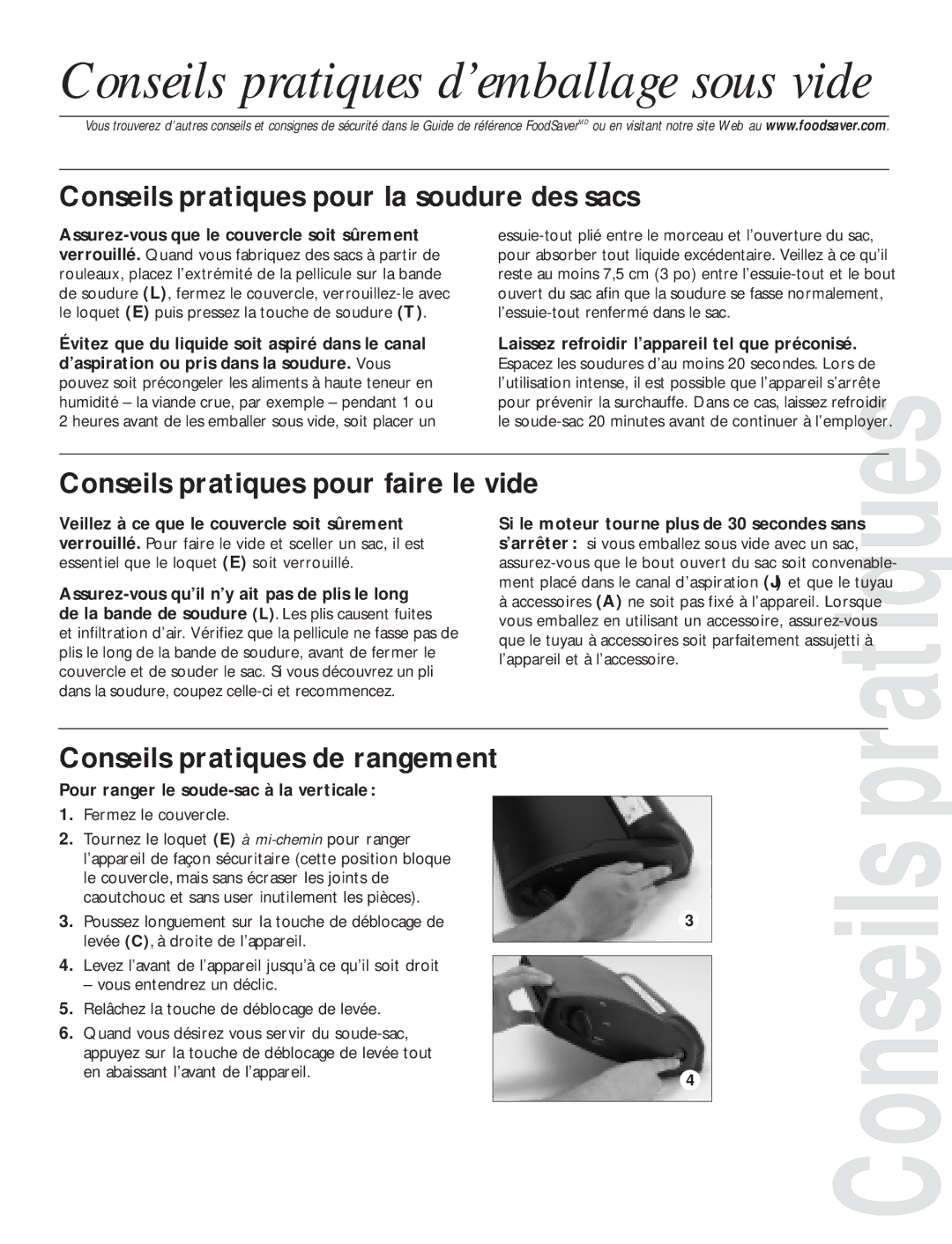 FoodSaver V2820 quick start Conseils pratiques pour la soudure des sacs, Conseils pratiques pour faire le vide 