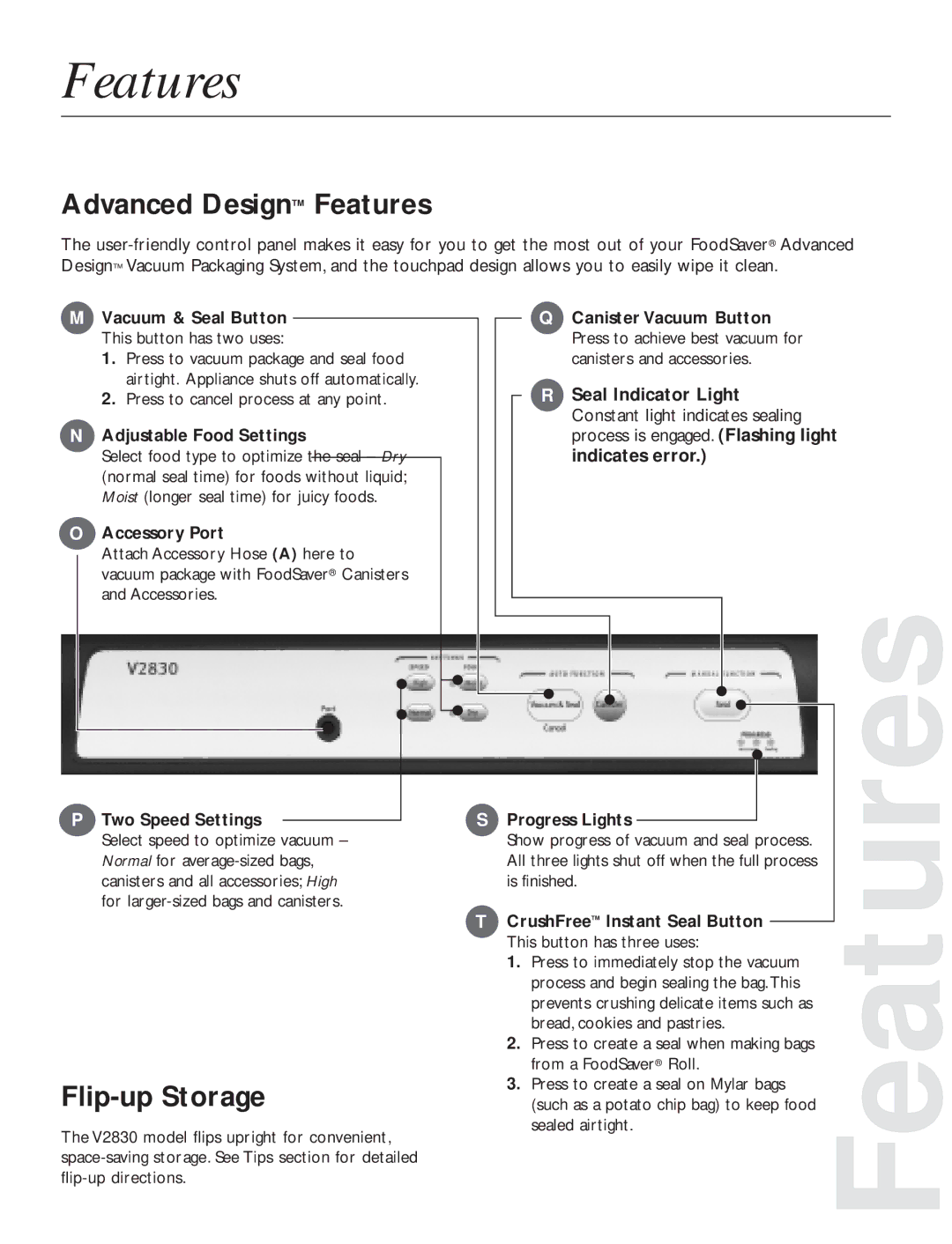 FoodSaver V2820 quick start Advanced Design Features, Flip-up Storage 