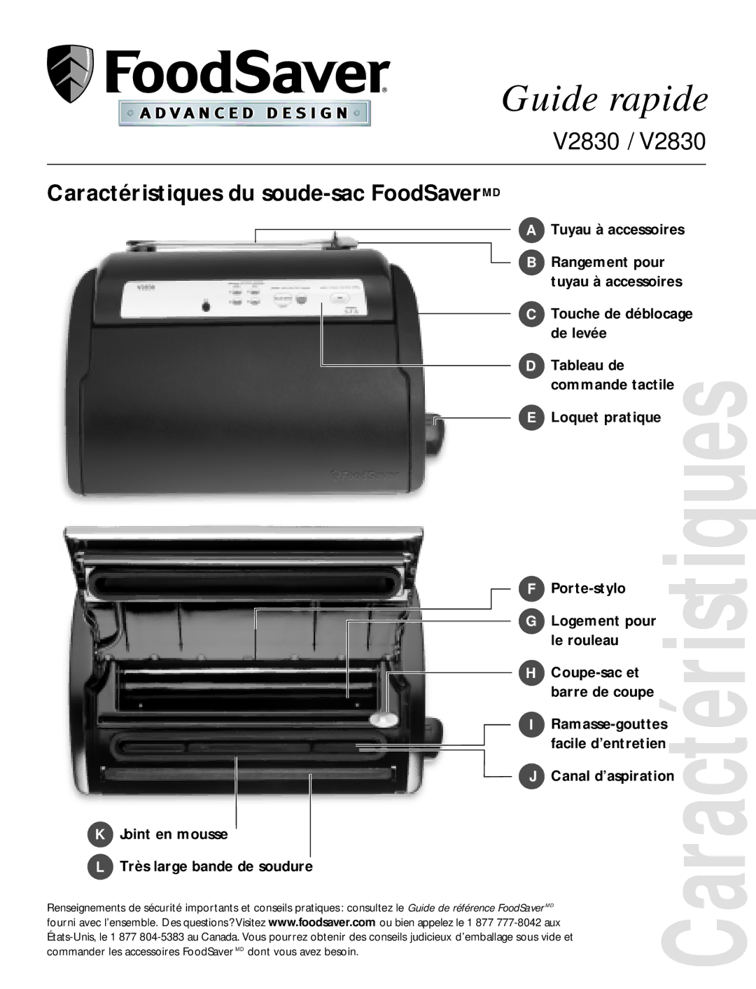 FoodSaver V2820 quick start Guide rapide, Caractéristiques du soude-sac FoodSaverMD 