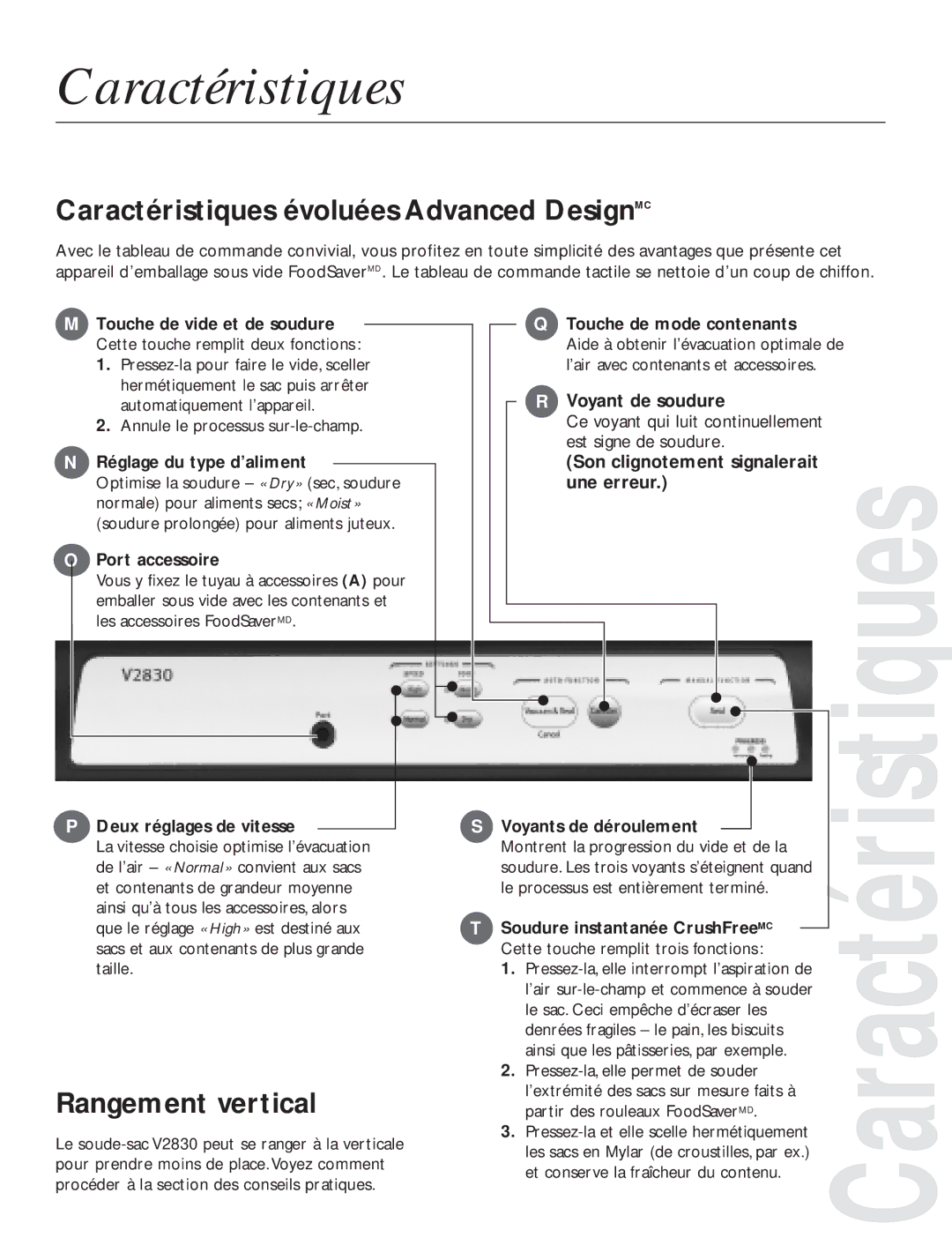 FoodSaver V2820 quick start Caractéristiques évoluées Advanced DesignMC, Rangement vertical 