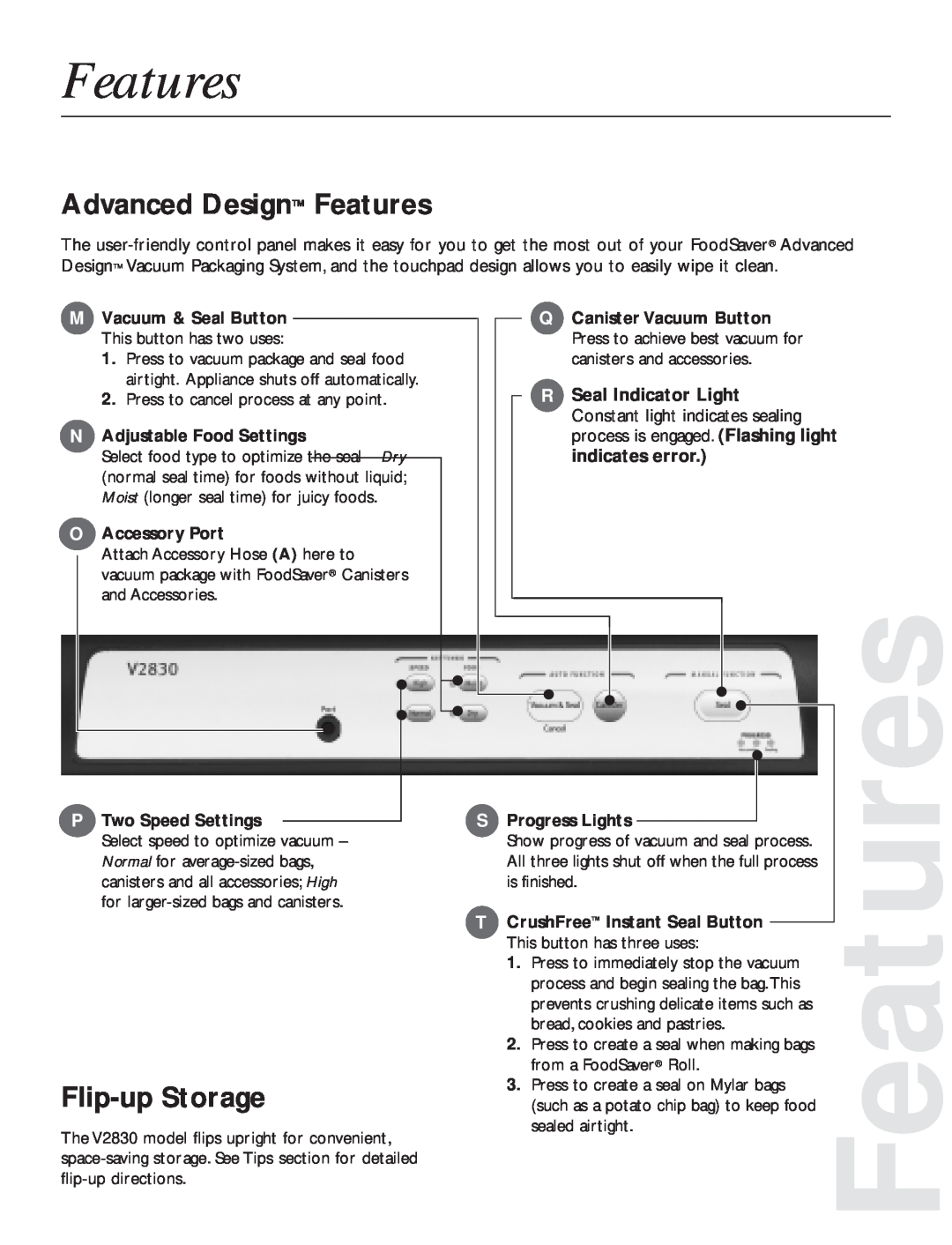 FoodSaver V2820 quick start Advanced Design Features, Flip-upStorage 