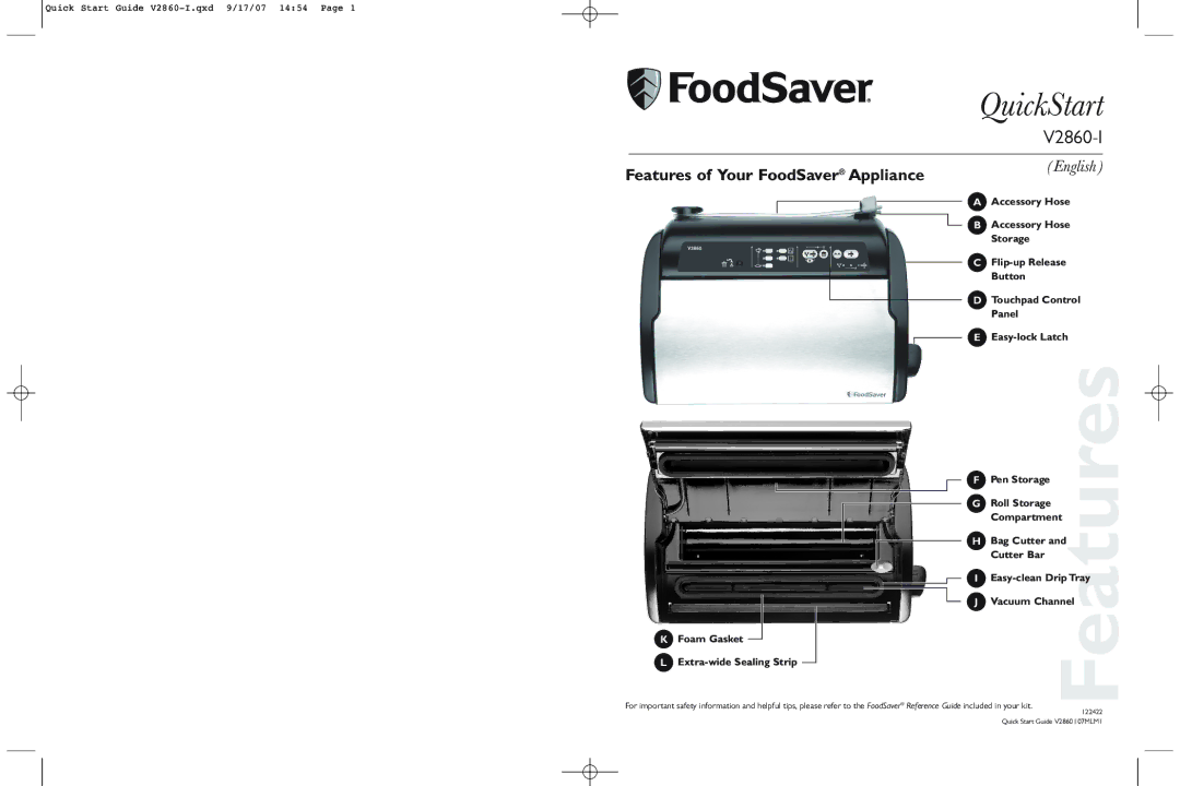 FoodSaver V2860-1 quick start QuickStart, Features of Your FoodSaver Appliance 