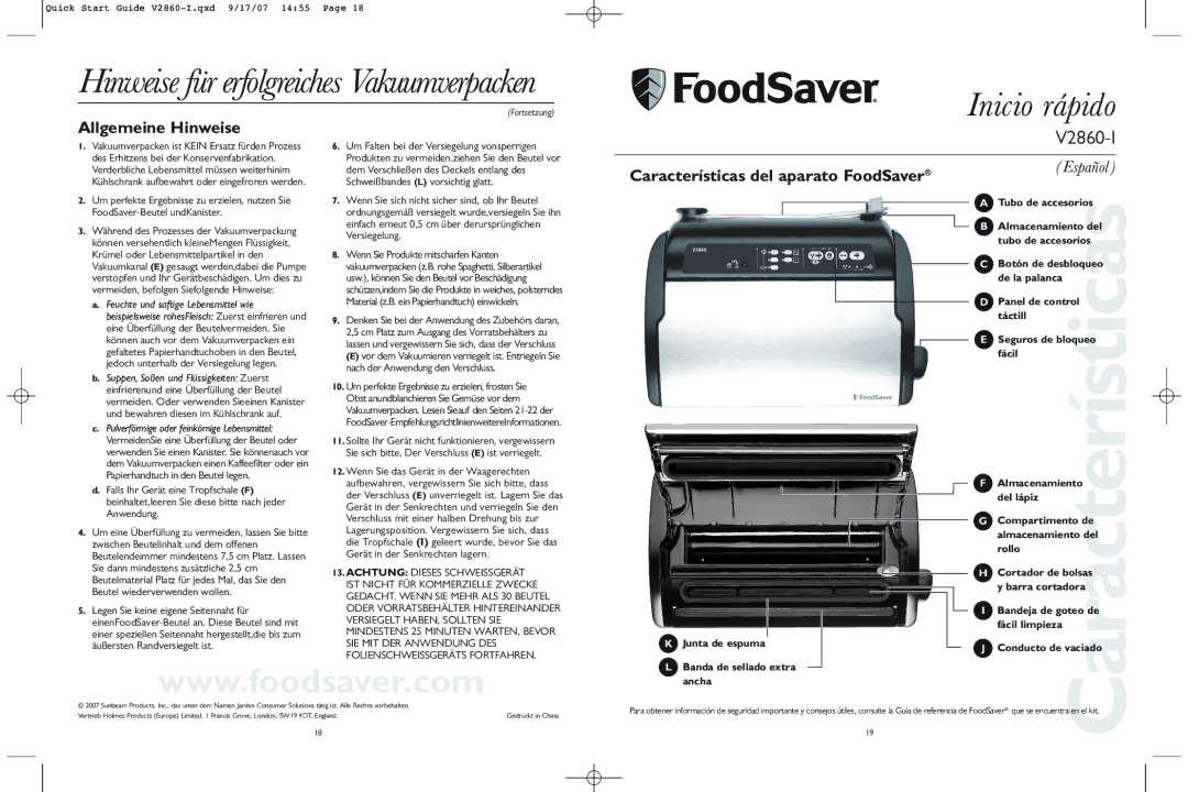 FoodSaver V2860-1 quick start Inicio rápido, Allgemeine Hinweise, Características del aparato FoodSaver 