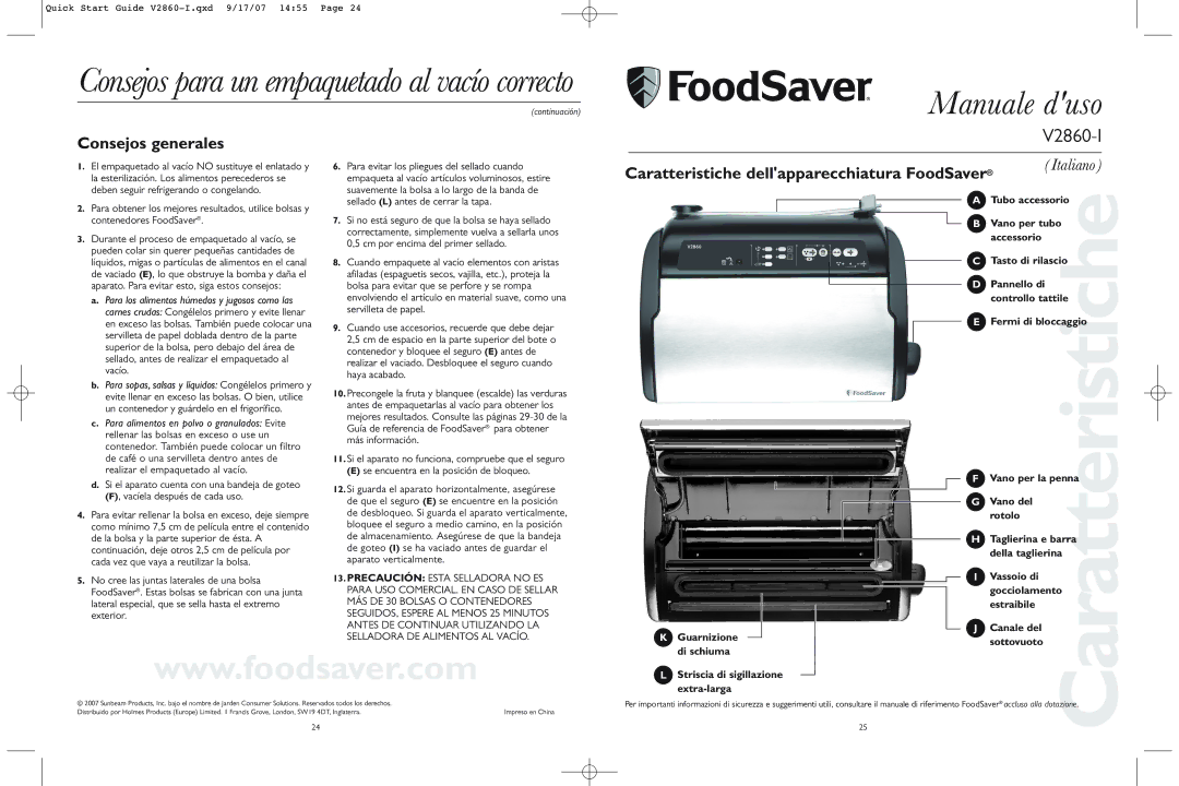 FoodSaver V2860-1 quick start Manuale duso, Consejos generales, Caratteristiche dellapparecchiatura FoodSaver 