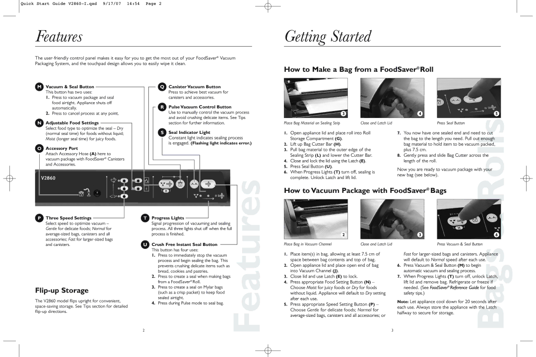 FoodSaver V2860-1 quick start Features, Getting Started, How to Make a Bag from a FoodSaver Roll, Flip-up Storage 