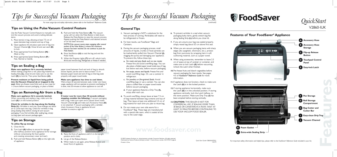 FoodSaver V2860-IUK quick start Features, Tips for Successful Vacuum Packaging, General Tips, Tips on Sealing a Bag 