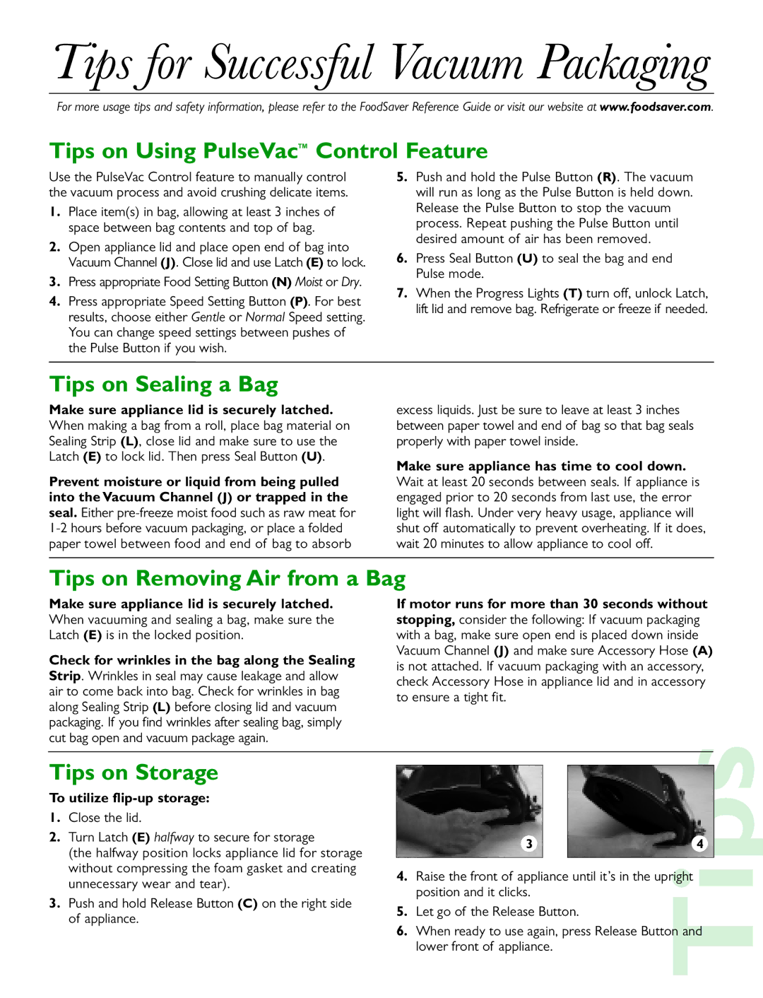 FoodSaver V2860 manual Tips on Using PulseVac Control Feature, Tips on Sealing a Bag, Tips on Removing Air from a Bag 