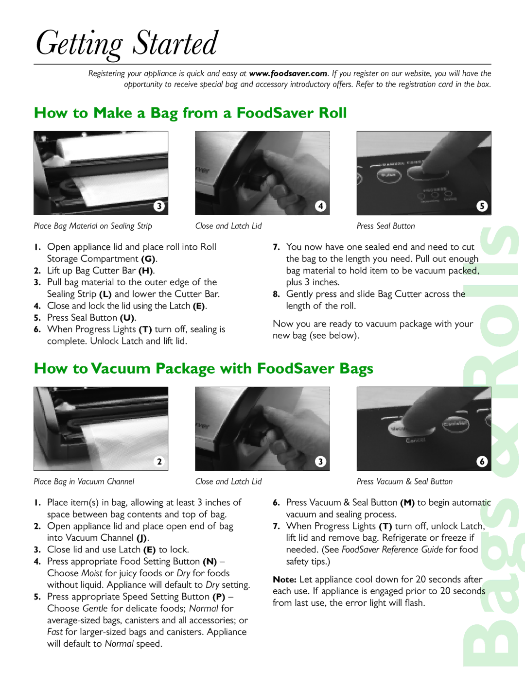 FoodSaver V2860 manual Getting Started, How to Make a Bag from a FoodSaver Roll, How to Vacuum Package with FoodSaver Bags 