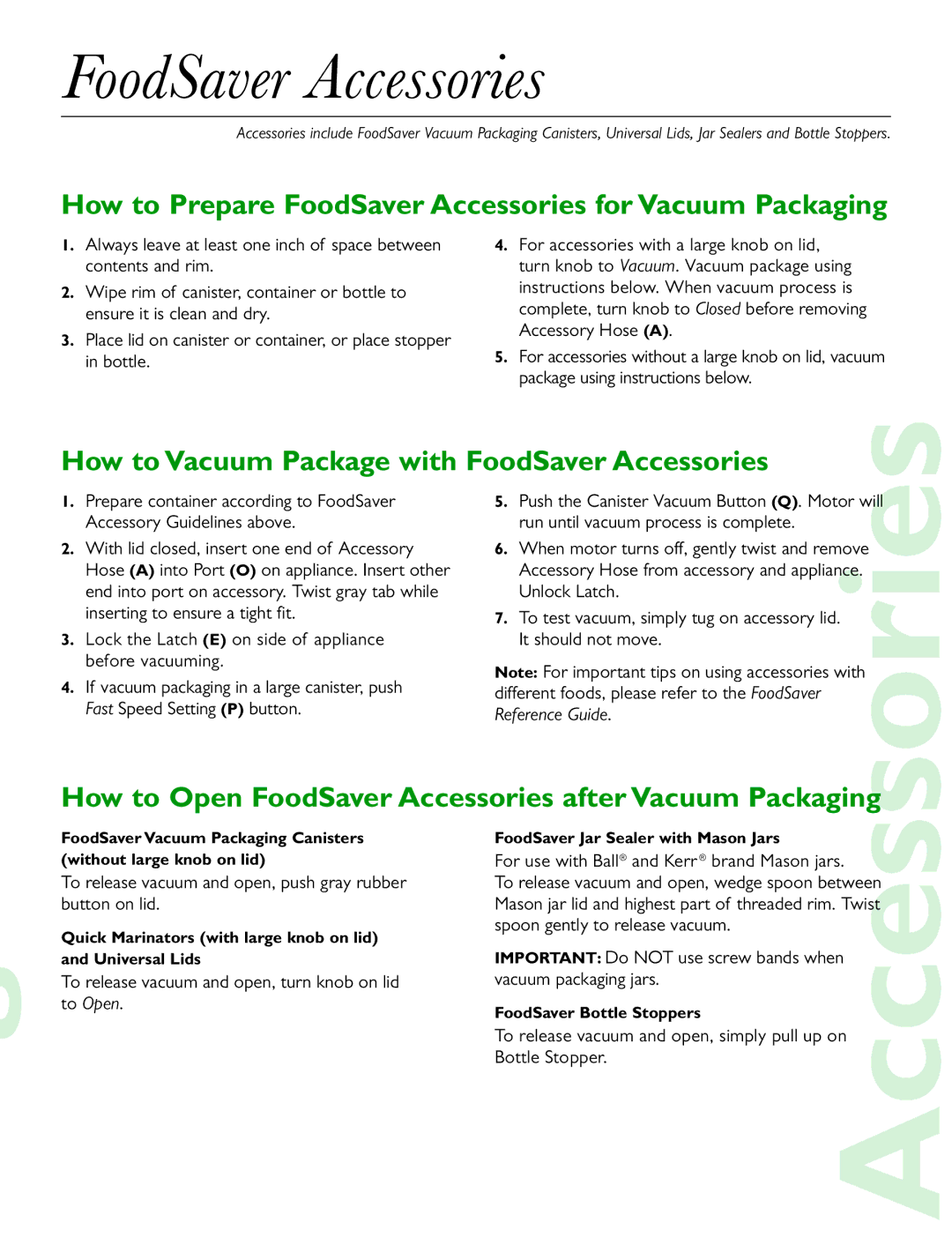 FoodSaver V2860 manual How to Prepare FoodSaver Accessories for Vacuum Packaging 