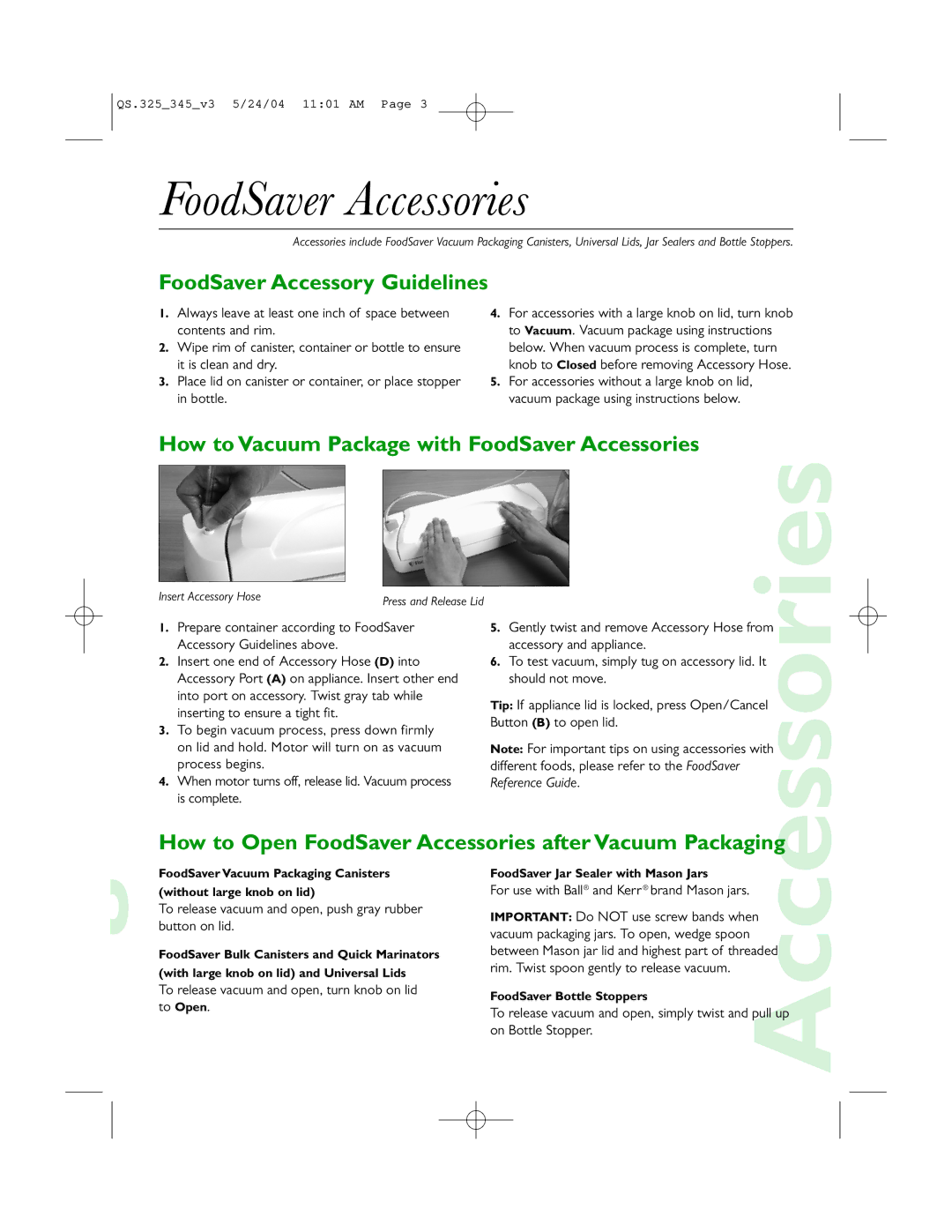 FoodSaver V345, V325 quick start FoodSaver Accessories, FoodSaver Accessory Guidelines 