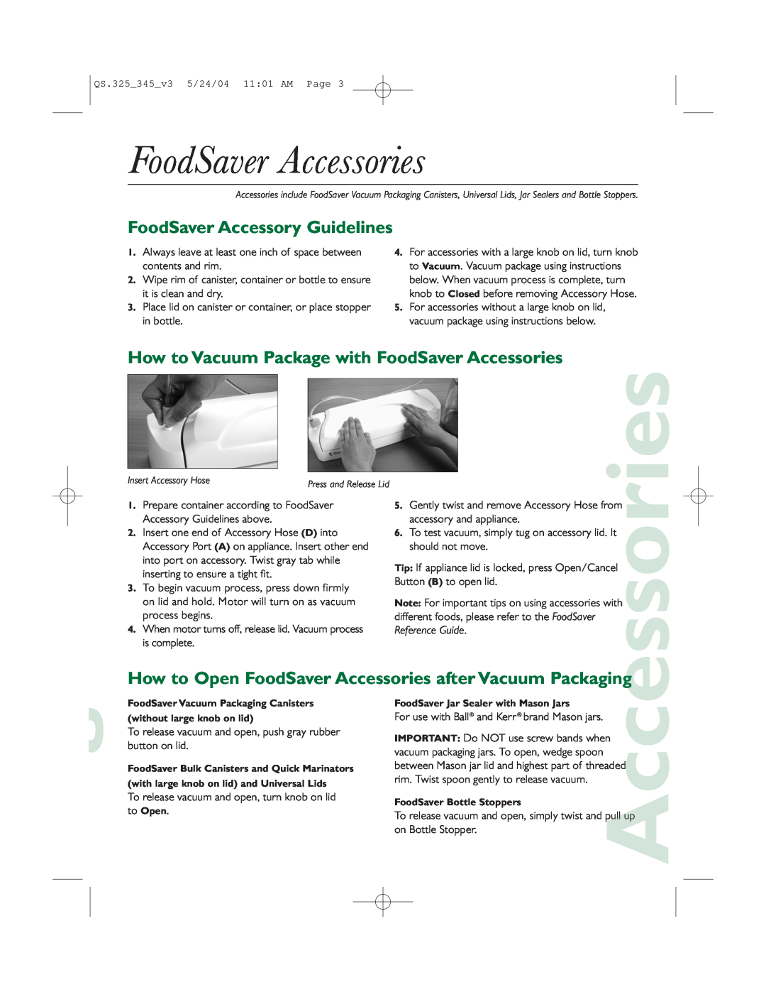 FoodSaver V345, V325 quick start FoodSaver Accessories, FoodSaver Accessory Guidelines, Reference Guide 