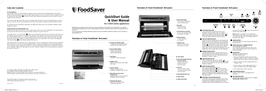 FoodSaver manual Care And Cleaning, Features Of Your Foodsaver Appliance, for V3800 series appliances 
