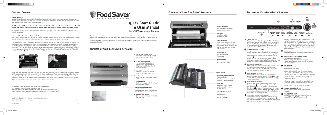 FoodSaver V3800 quick start Power Button, Tray Full Indicator Light, Marinate Mode Button, Canister Mode Button 