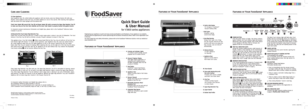 FoodSaver V3800 quick start Care and Cleaning, Features of Your FoodSaver Appliance, Remove For Cleaning 