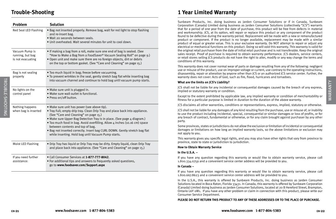 FoodSaver V3820 user manual Trouble-Shooting, Year Limited Warranty, Rtu, Problem 