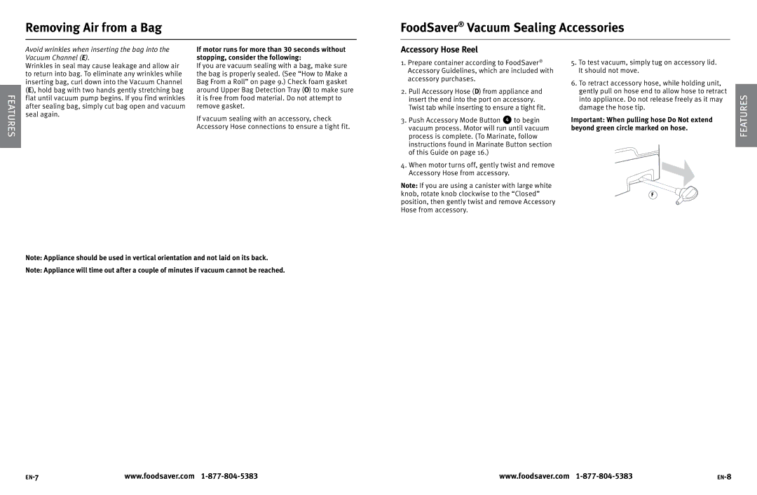 FoodSaver V3820 user manual Furesat, Accessory Hose Reel 