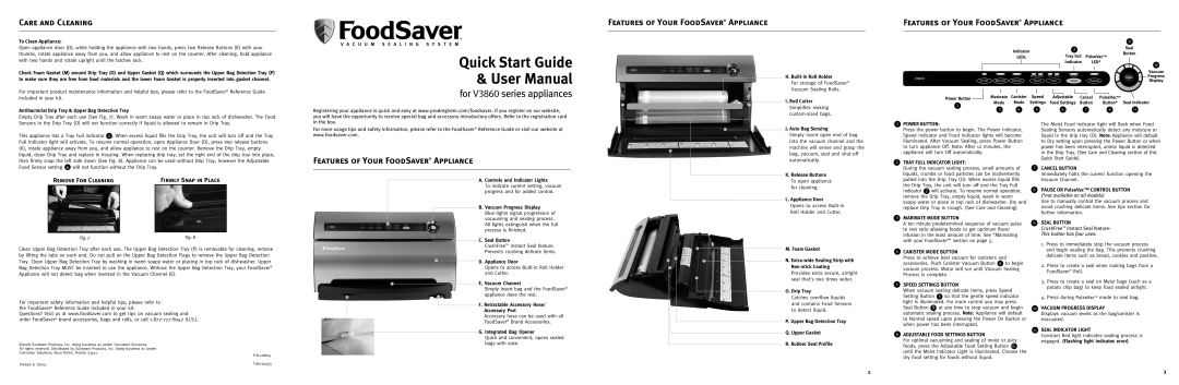 FoodSaver V3860 Series quick start Care And Cleaning, Features Of Your Foodsaver Appliance, Remove For Cleaning 