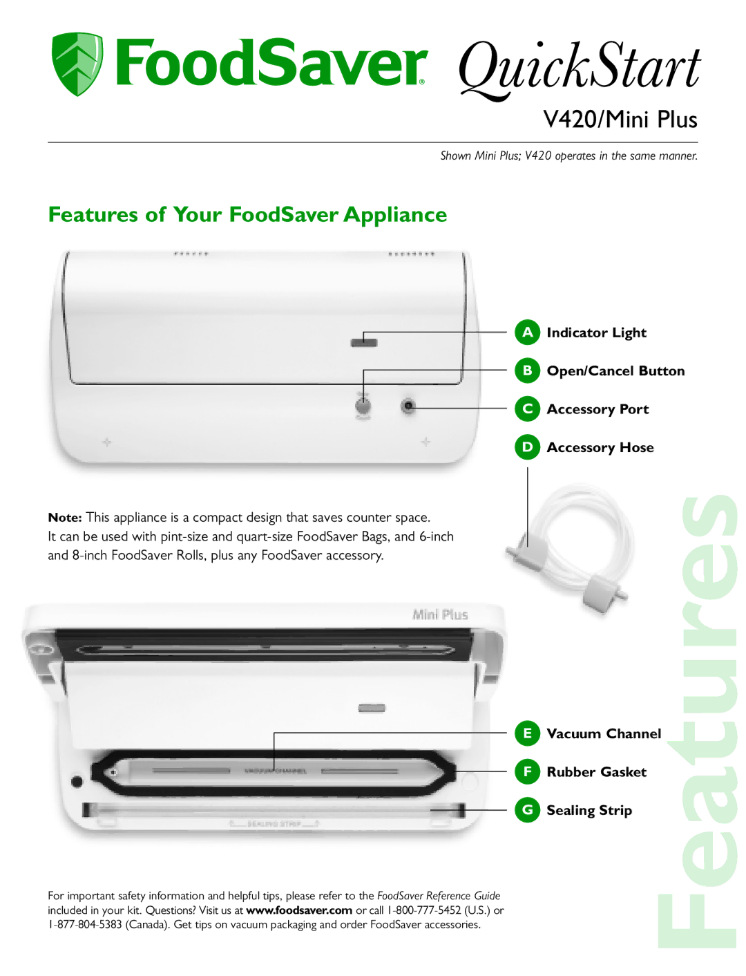 FoodSaver Mini Plus, V420 quick start QuickStart, Features of Your FoodSaver Appliance 