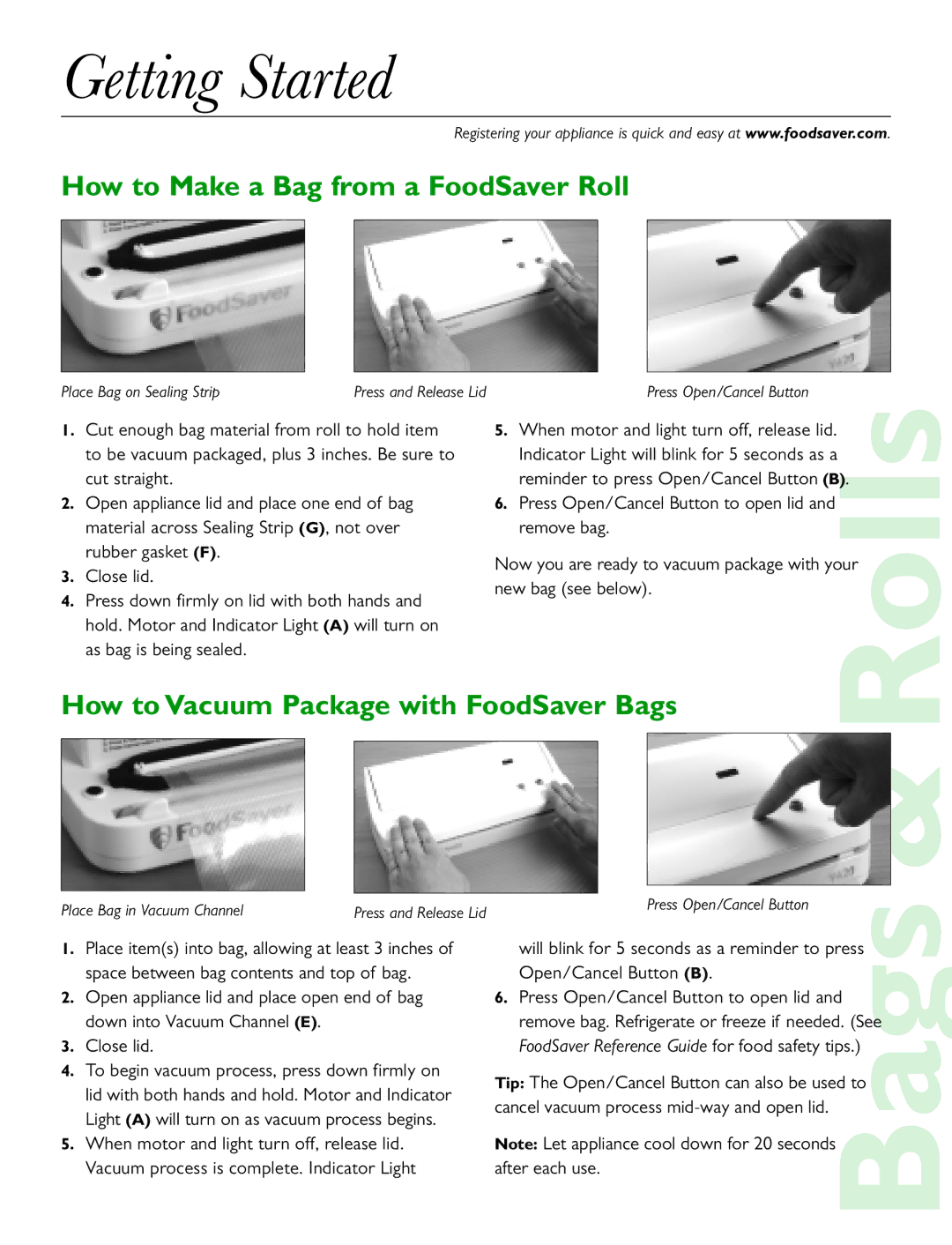 FoodSaver V420, Mini Plus quick start Getting Started, How to Make a Bag from a FoodSaver Roll 