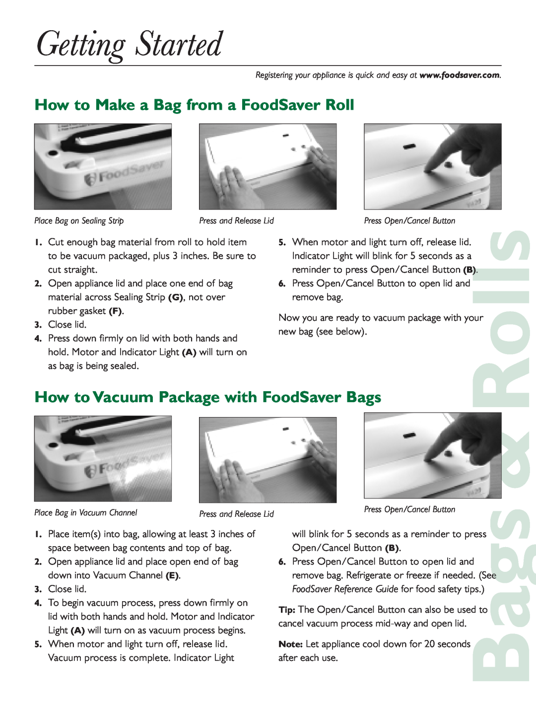 FoodSaver V420, Mini Plus quick start Getting Started, How to Make a Bag from a FoodSaver Roll, Rolls 
