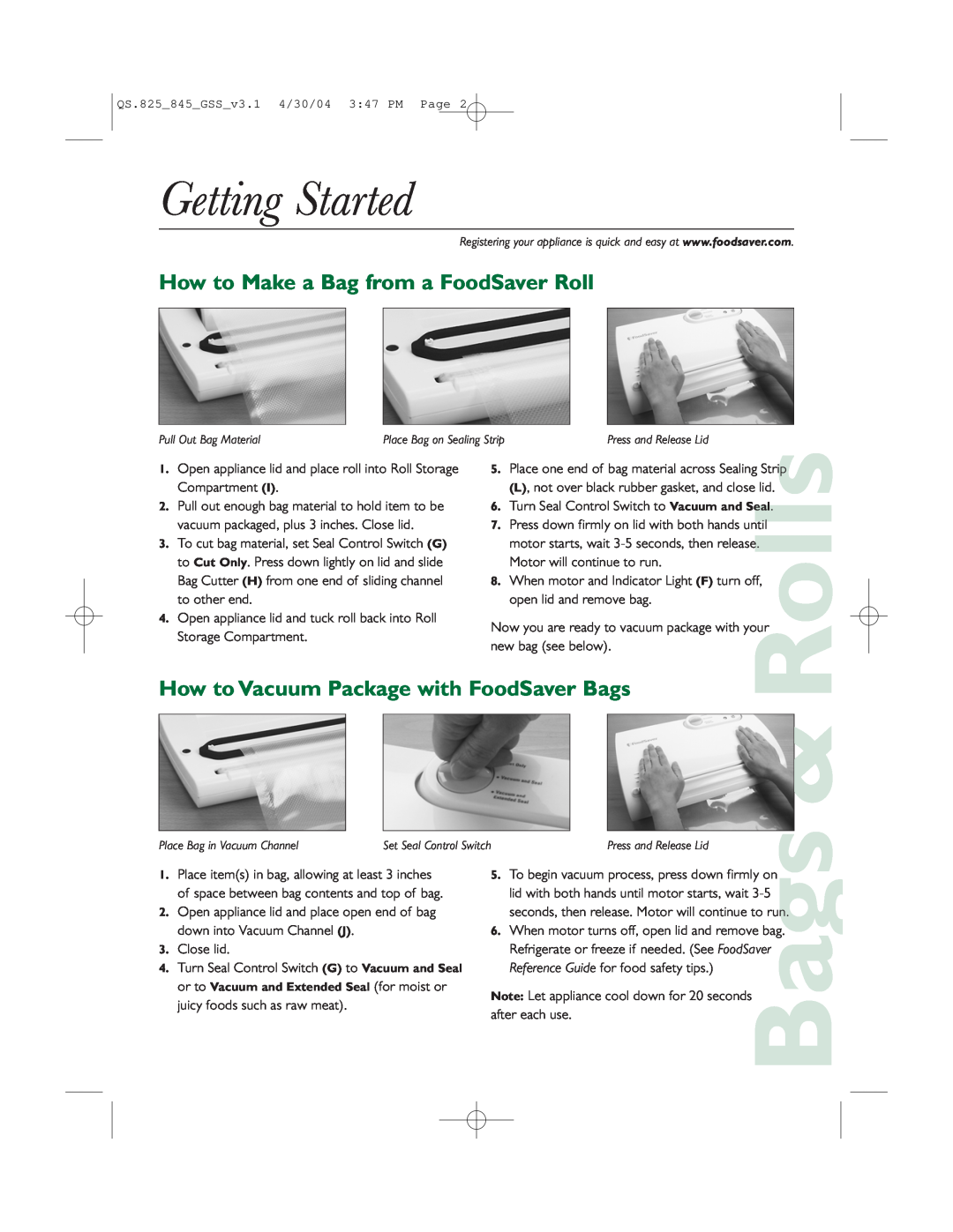 FoodSaver V845, v825 quick start Getting Started, How to Make a Bag from a FoodSaver Roll, Bags, Rolls 