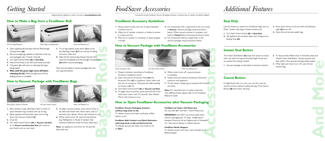 FoodSaver V875 quick start Getting Started FoodSaver Accessories, Additional Features 