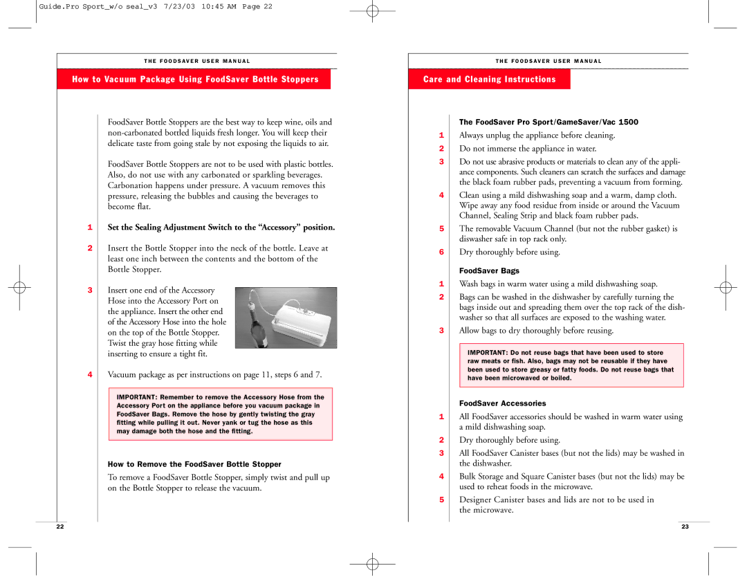 FoodSaver Vac 1500 user manual How to Vacuum Package Using FoodSaver Bottle Stoppers, Care and Cleaning Instructions 