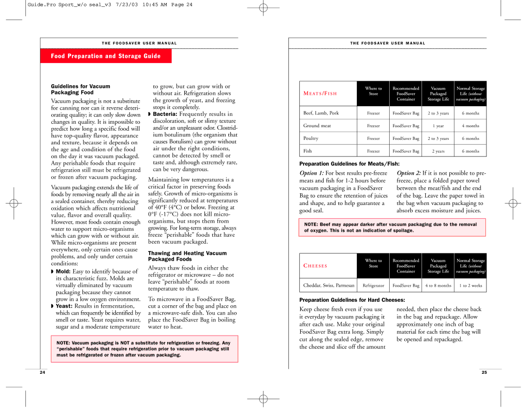 FoodSaver Vac 1500 user manual Food Preparation and Storage Guide 