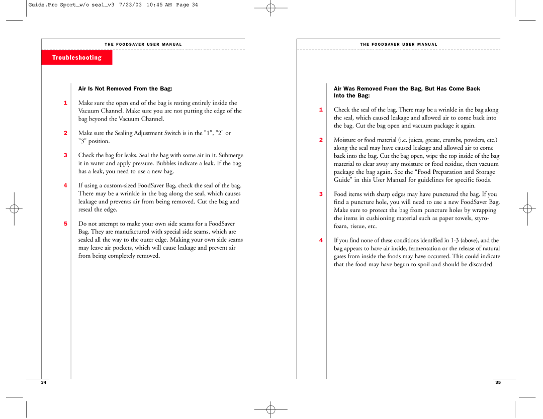 FoodSaver Vac 1500 user manual Air Is Not Removed From the Bag 