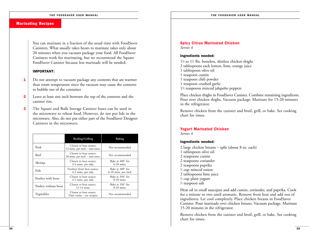 FoodSaver Vac 550 user manual Marinating Recipes, Ingredients needed 