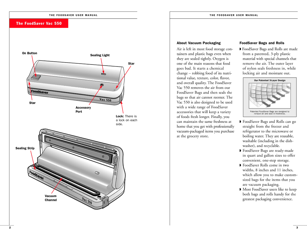 FoodSaver Vac 550 user manual FoodSaver Vac, About Vacuum Packaging, FoodSaver Bags and Rolls 