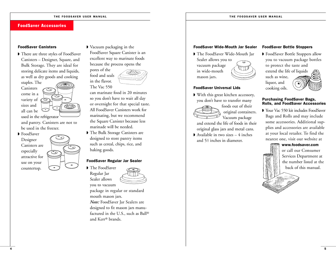 FoodSaver Vac 550 user manual FoodSaver Accessories 