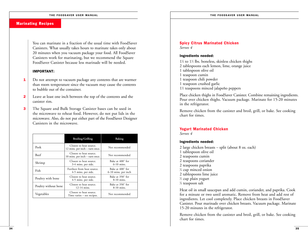 FoodSaver Vac 550 user manual Marinating Recipes, Serves, Spicy Citrus Marinated Chicken, Yogurt Marinated Chicken 