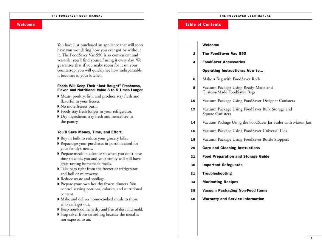 FoodSaver Vac 550 user manual Welcome, Table of Contents 