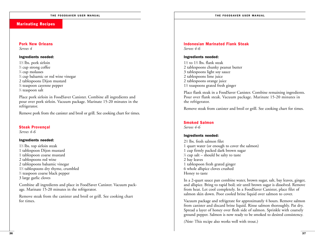FoodSaver Vac 550 user manual Marinating Recipes, Serves 