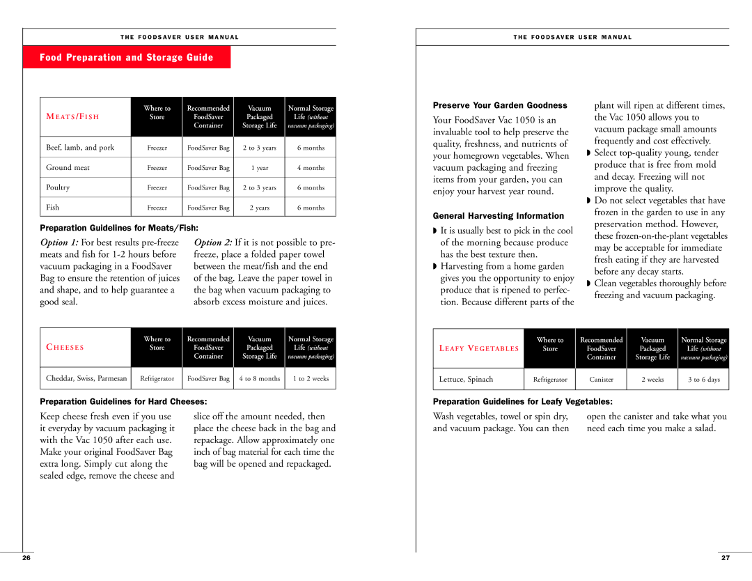 FoodSaver Vac1050 user manual Select top-quality young, tender, Produce that is free from mold, Decay. Freezing will not 