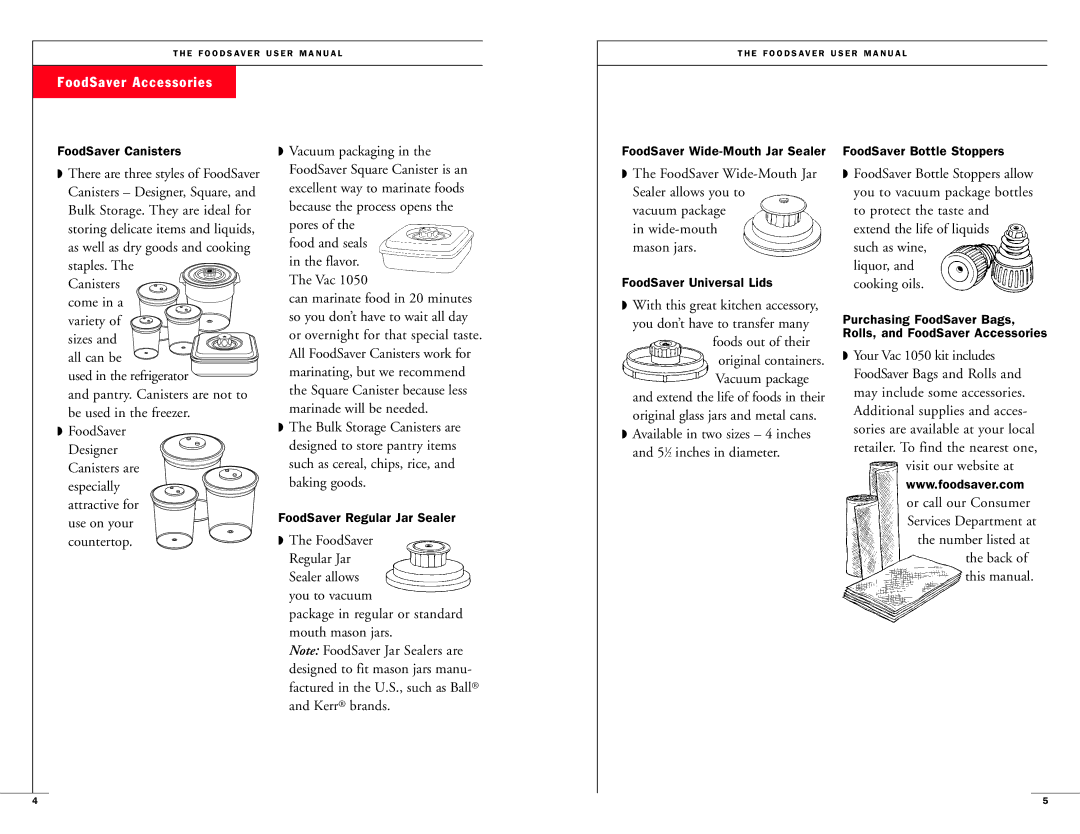 FoodSaver Vac1050 user manual FoodSaver Accessories 