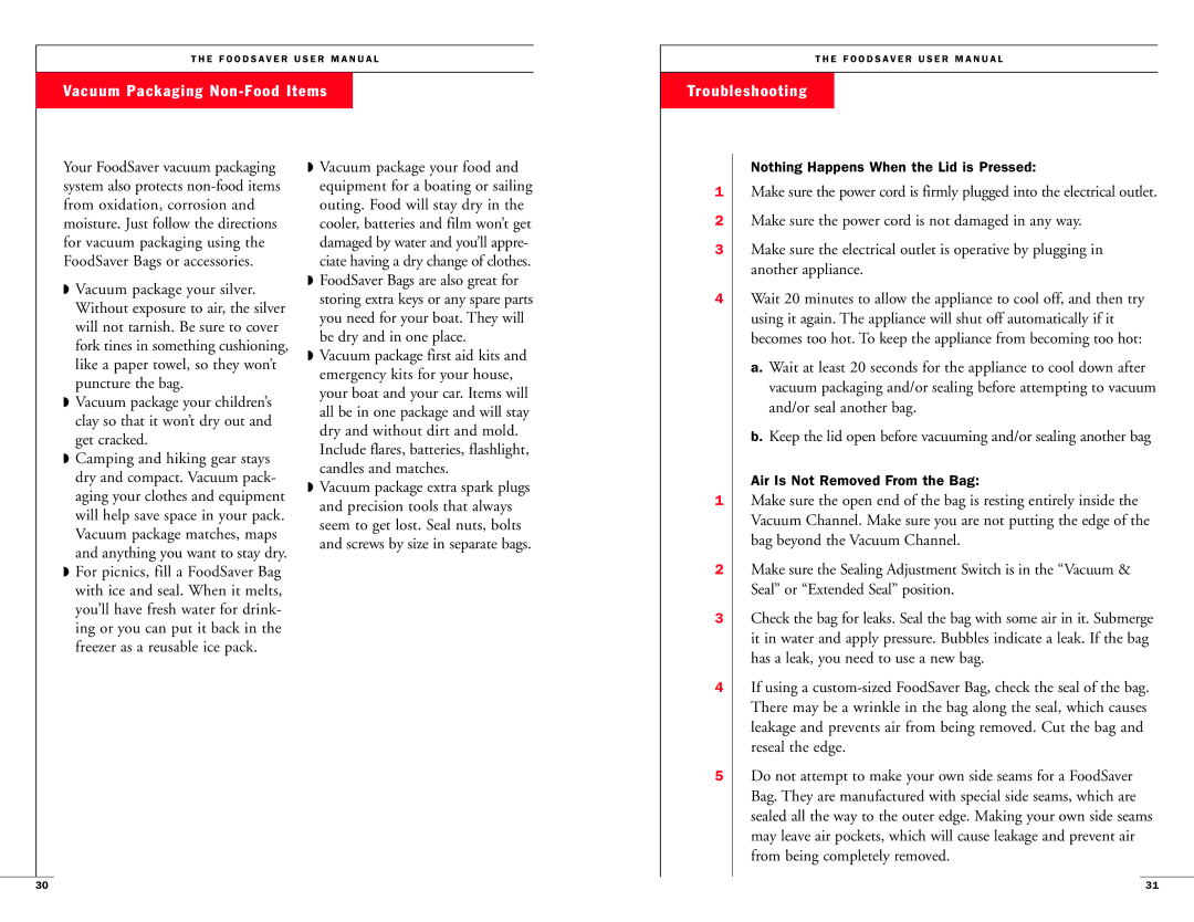 FoodSaver Vac800/Vac820 manual Vacuum Packaging Non-Food Items, Troubleshooting 