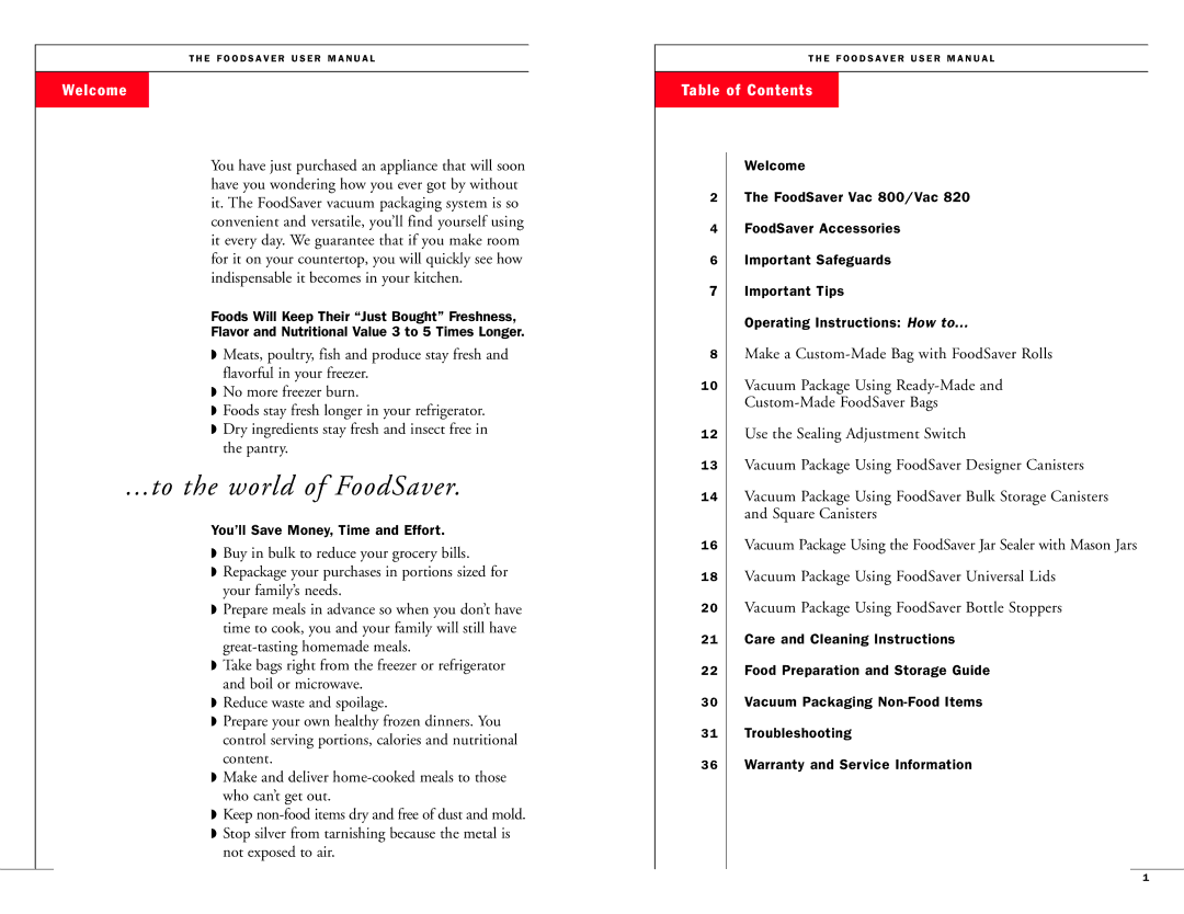 FoodSaver Vac800/Vac820 manual Welcome, Table of Contents 