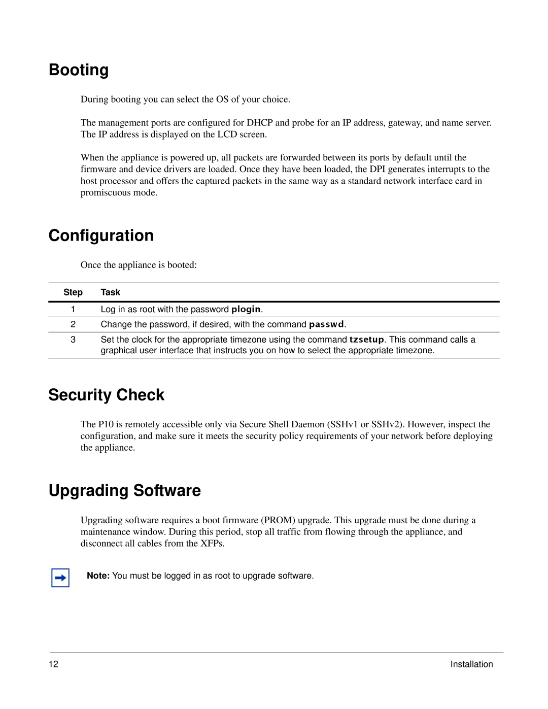 Force10 Networks 100-00055-01 Booting, Configuration, Security Check, Upgrading Software, Once the appliance is booted 